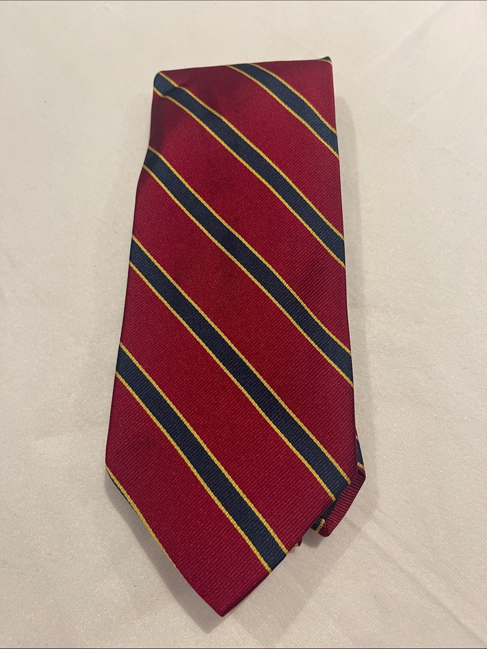 Red Striped Silk Tie with navy and Yellow Accents